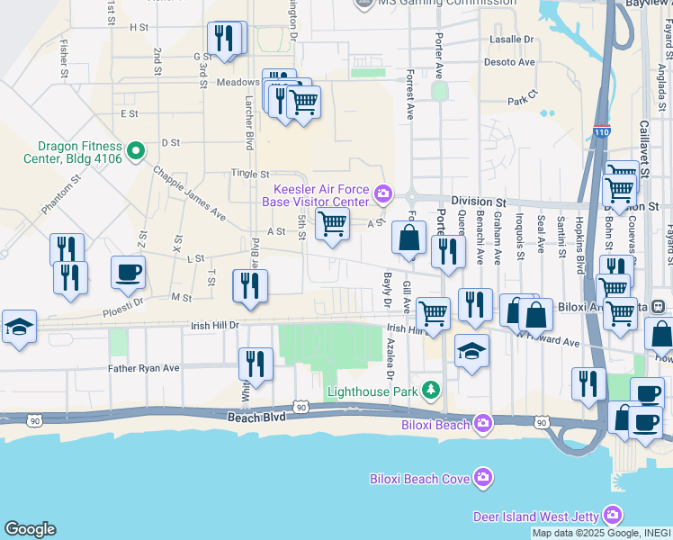 map of restaurants, bars, coffee shops, grocery stores, and more near 1171 Judge Sekul Avenue in Biloxi