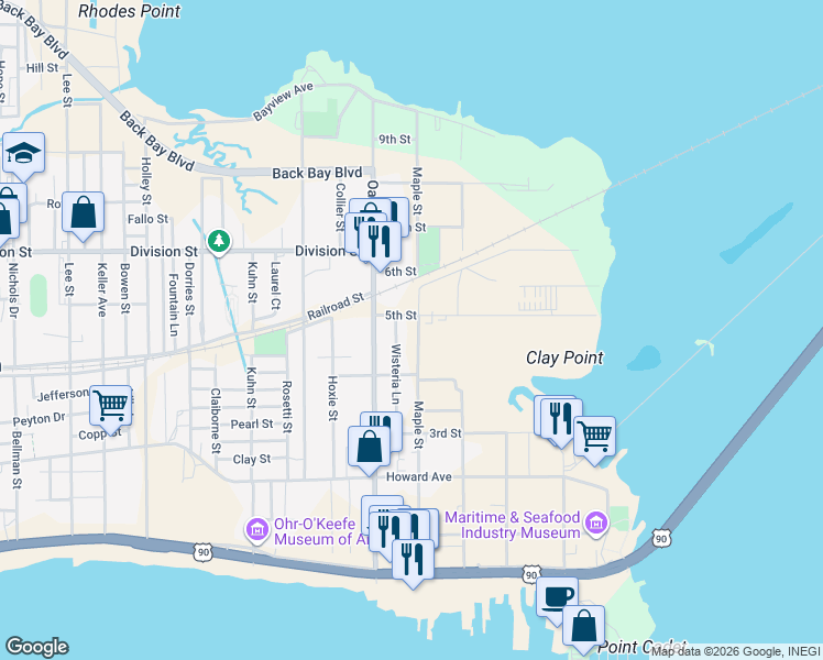 map of restaurants, bars, coffee shops, grocery stores, and more near 251 Maple St in Biloxi