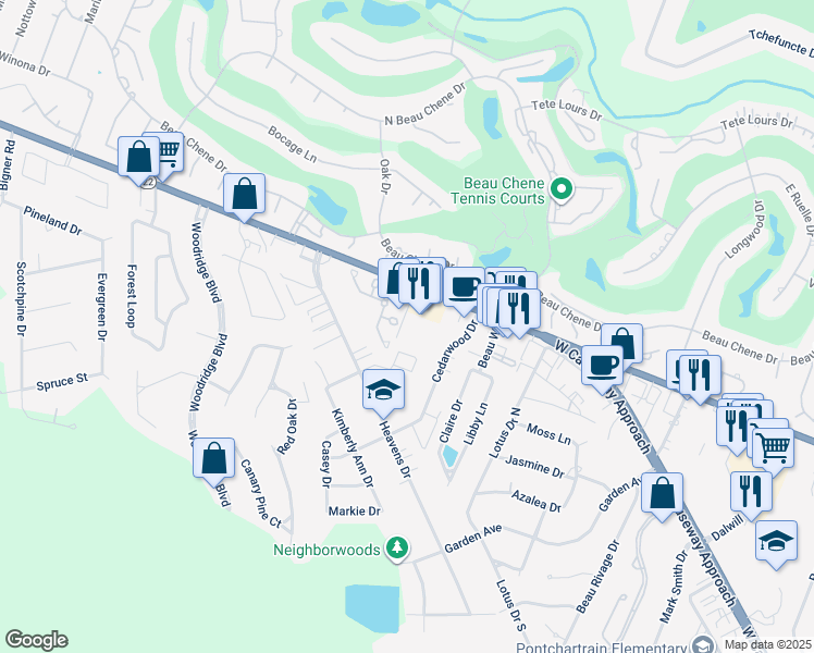 map of restaurants, bars, coffee shops, grocery stores, and more near 101 Parkview Boulevard in Mandeville
