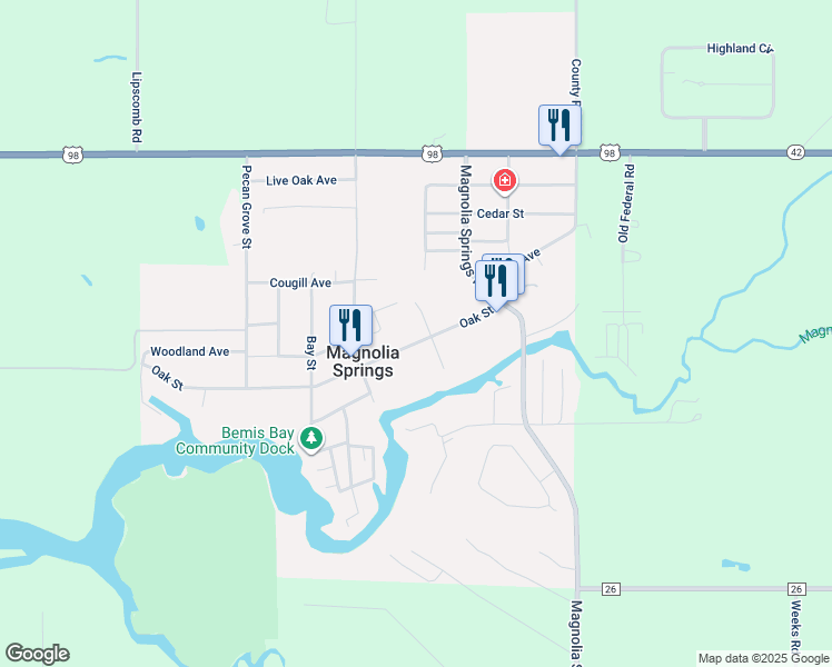 map of restaurants, bars, coffee shops, grocery stores, and more near 14623 Oak Street in Magnolia Springs