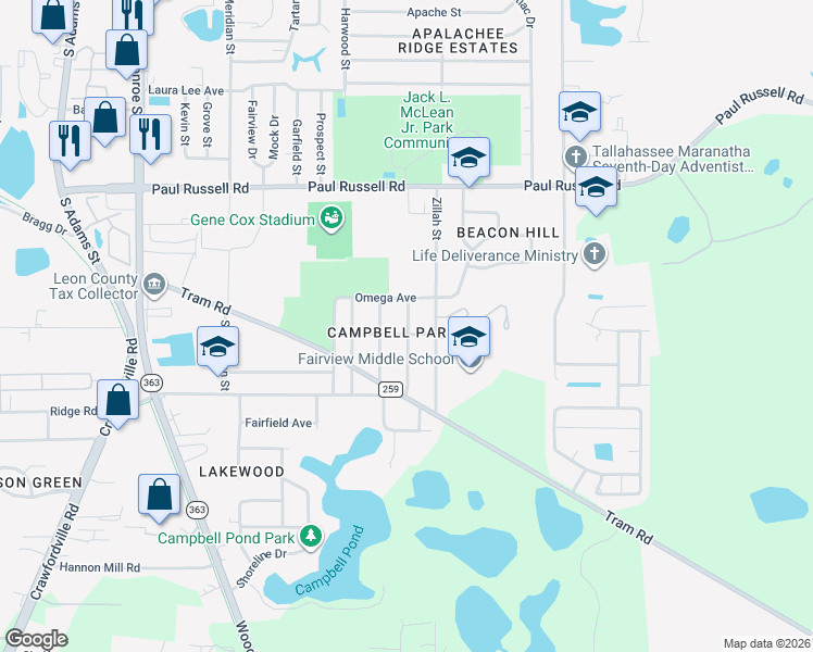 map of restaurants, bars, coffee shops, grocery stores, and more near 3410 Laura Street in Tallahassee