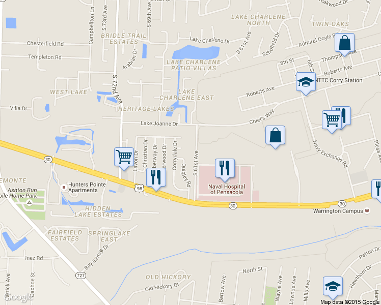 map of restaurants, bars, coffee shops, grocery stores, and more near 545 South 61st Avenue in Pensacola