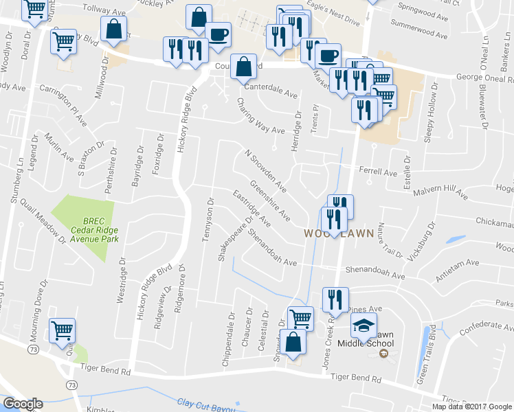 map of restaurants, bars, coffee shops, grocery stores, and more near 14153 Eastridge Avenue in Baton Rouge
