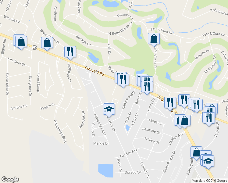 map of restaurants, bars, coffee shops, grocery stores, and more near 407 Parkview Boulevard in Mandeville