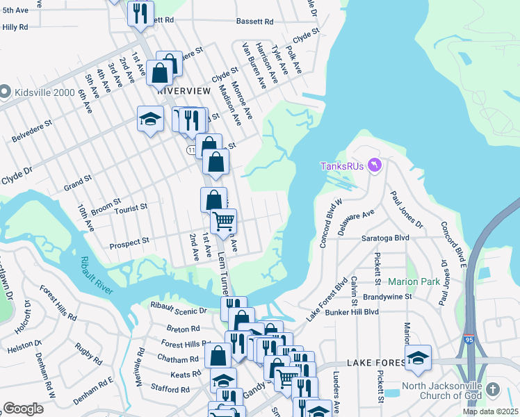 map of restaurants, bars, coffee shops, grocery stores, and more near 8706 Madison Ave in Jacksonville