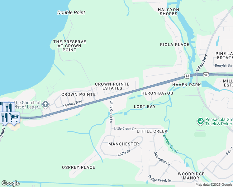 map of restaurants, bars, coffee shops, grocery stores, and more near 7945 Amethyst Drive in Pensacola