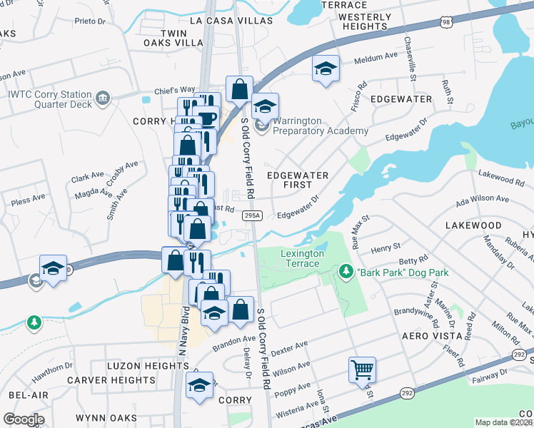 map of restaurants, bars, coffee shops, grocery stores, and more near 631 Edgewater Drive in Pensacola