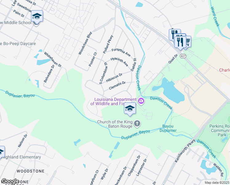 map of restaurants, bars, coffee shops, grocery stores, and more near 1263 Dahlia St in Baton Rouge