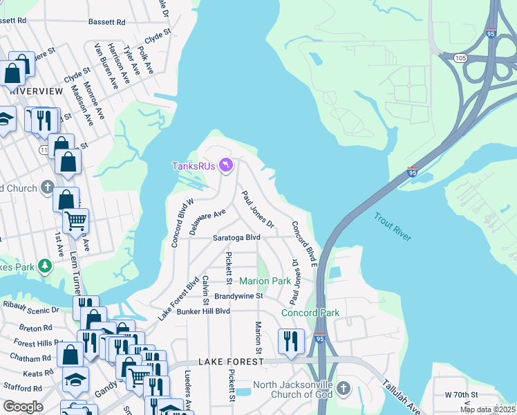 map of restaurants, bars, coffee shops, grocery stores, and more near 8305 Paul Jones Drive in Jacksonville