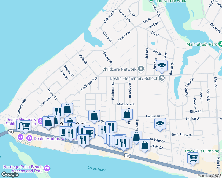 map of restaurants, bars, coffee shops, grocery stores, and more near 435 Fleshman Drive in Destin