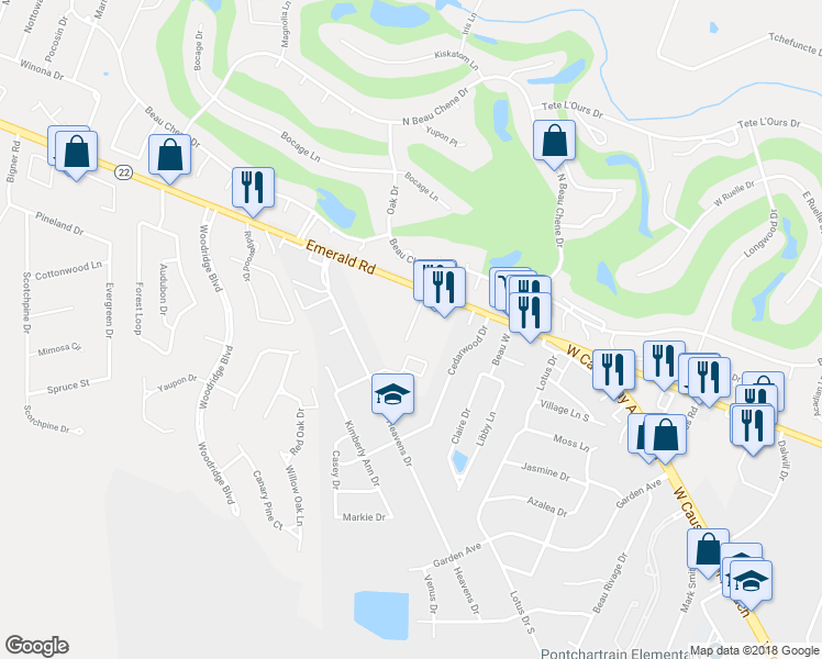 map of restaurants, bars, coffee shops, grocery stores, and more near 307 Parkview Boulevard in Mandeville