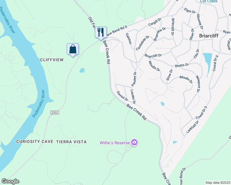 map of restaurants, bars, coffee shops, grocery stores, and more near 1008 Daviot Drive in Briarcliff