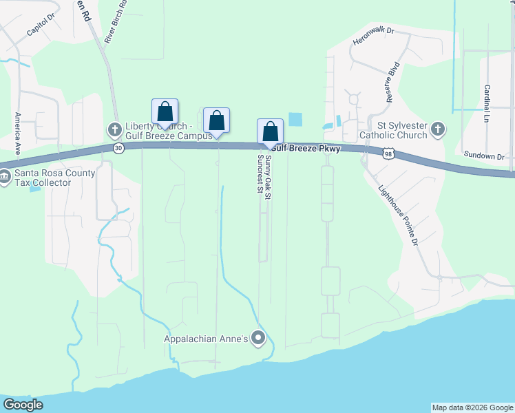 map of restaurants, bars, coffee shops, grocery stores, and more near 1435 Suncrest Street in Gulf Breeze