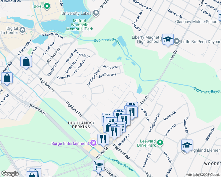 map of restaurants, bars, coffee shops, grocery stores, and more near 627 Barrosa Way in Baton Rouge