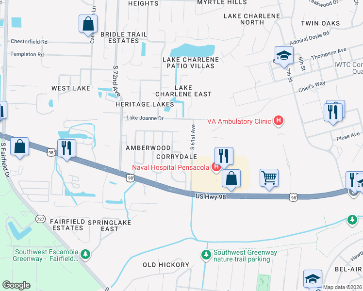 map of restaurants, bars, coffee shops, grocery stores, and more near 545 South 61st Avenue in Pensacola