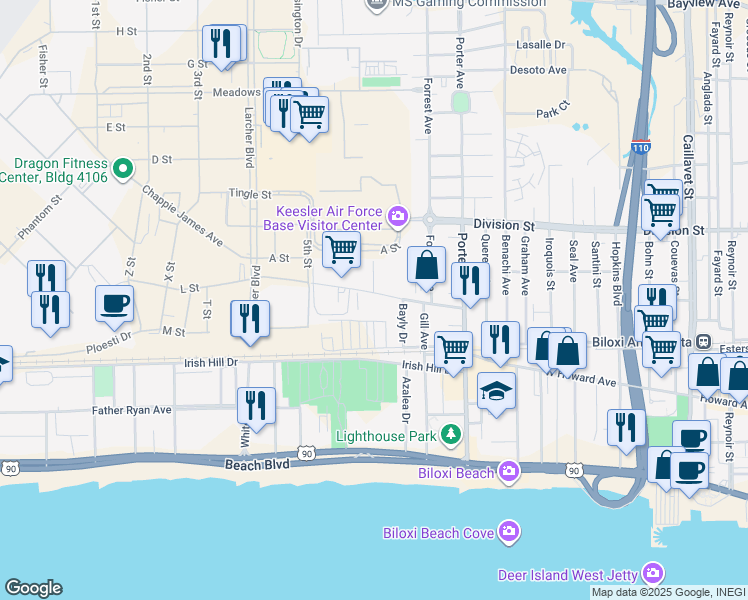 map of restaurants, bars, coffee shops, grocery stores, and more near 1171 Judge Sekul Avenue in Biloxi