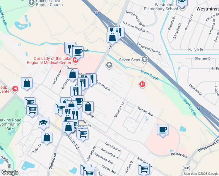map of restaurants, bars, coffee shops, grocery stores, and more near 8049B Summa Avenue in Baton Rouge