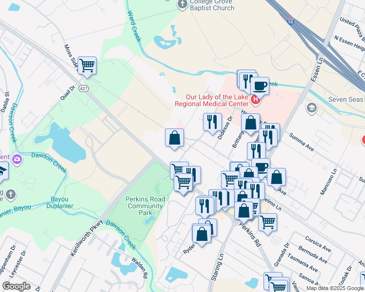 map of restaurants, bars, coffee shops, grocery stores, and more near 7081 Perkins Place Court in Baton Rouge
