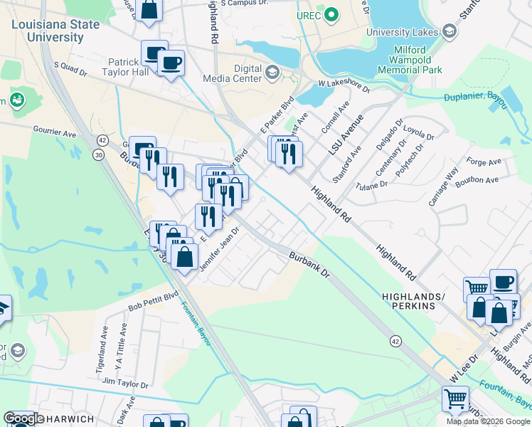 map of restaurants, bars, coffee shops, grocery stores, and more near 389 Jennifer Jean Drive in Baton Rouge