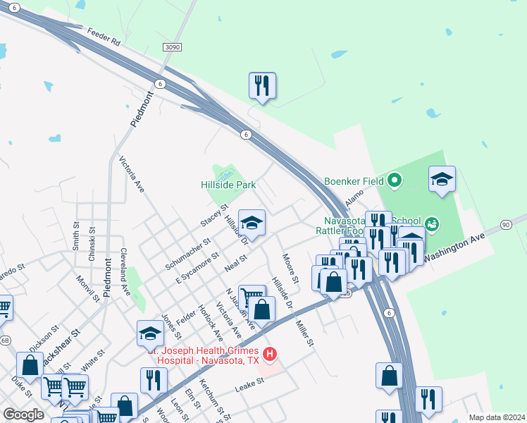 map of restaurants, bars, coffee shops, grocery stores, and more near 603 Wadesway in Navasota