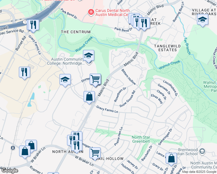 map of restaurants, bars, coffee shops, grocery stores, and more near 11951 Sunhillow Bend in Austin