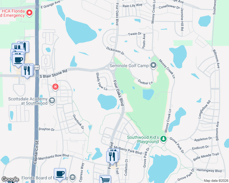 map of restaurants, bars, coffee shops, grocery stores, and more near 4080 Shady View Lane in Tallahassee