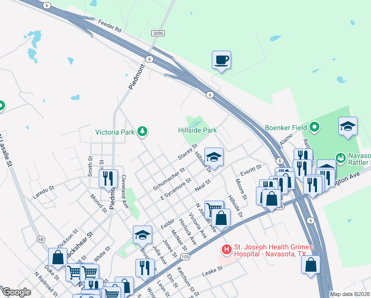 map of restaurants, bars, coffee shops, grocery stores, and more near 1401-1455 Stacey St in Navasota