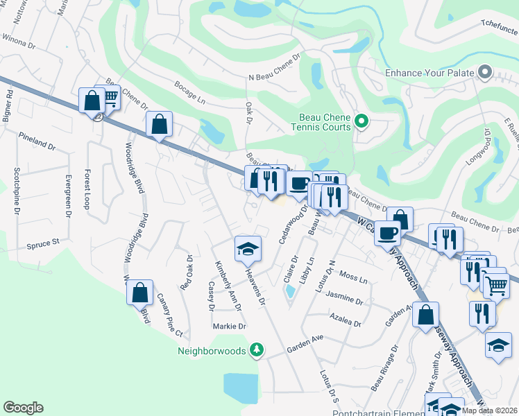 map of restaurants, bars, coffee shops, grocery stores, and more near 207 Parkview Boulevard in Mandeville