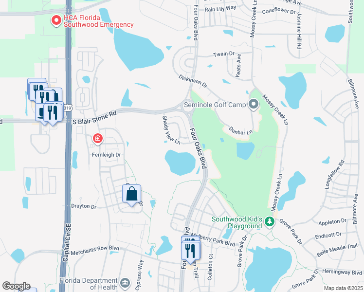 map of restaurants, bars, coffee shops, grocery stores, and more near 4064 Shady View Lane in Tallahassee