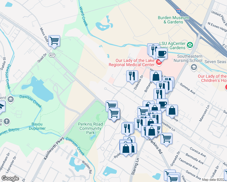map of restaurants, bars, coffee shops, grocery stores, and more near 7081 Perkins Place Court in Baton Rouge