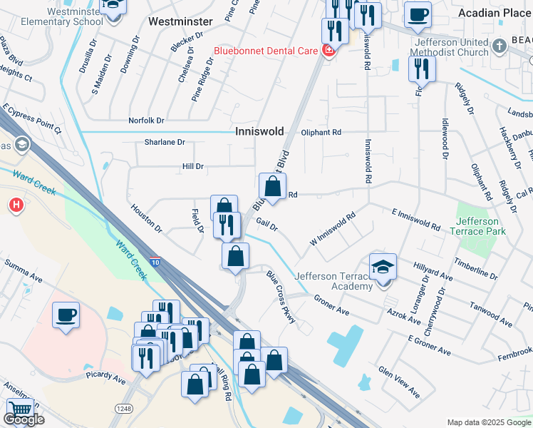 map of restaurants, bars, coffee shops, grocery stores, and more near 5157 Bluebonnet Boulevard in Baton Rouge
