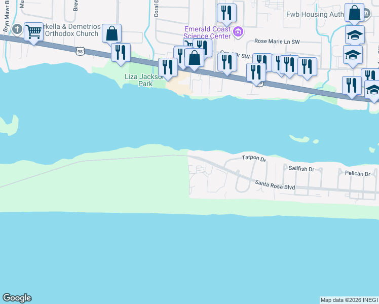 map of restaurants, bars, coffee shops, grocery stores, and more near 907 Santa Rosa Boulevard in Fort Walton Beach