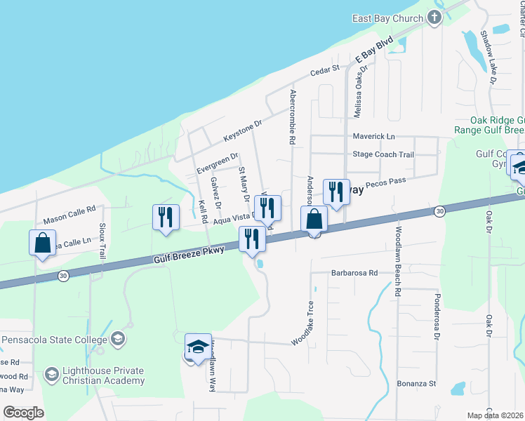 map of restaurants, bars, coffee shops, grocery stores, and more near 1777 Wheeler Road in Gulf Breeze