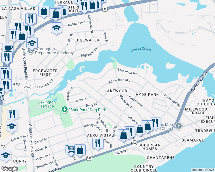 map of restaurants, bars, coffee shops, grocery stores, and more near 317 Ada Wilson Avenue in Pensacola