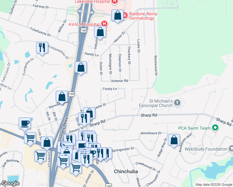 map of restaurants, bars, coffee shops, grocery stores, and more near 27 Rivage Court in Mandeville