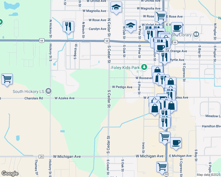 map of restaurants, bars, coffee shops, grocery stores, and more near 601 South Cedar Street in Foley