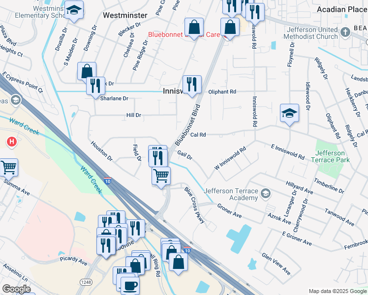 map of restaurants, bars, coffee shops, grocery stores, and more near 5157 Bluebonnet Boulevard in Baton Rouge