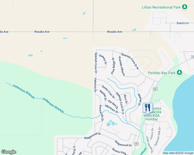 map of restaurants, bars, coffee shops, grocery stores, and more near 1552 Valencia Drive in Lillian