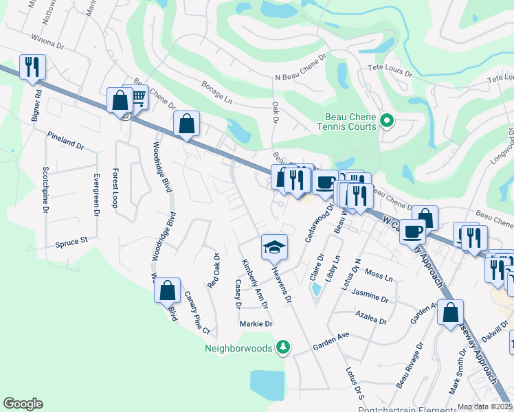 map of restaurants, bars, coffee shops, grocery stores, and more near 721 Heavens Drive in Mandeville