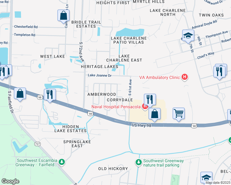 map of restaurants, bars, coffee shops, grocery stores, and more near 315 Corrydale Drive in Pensacola