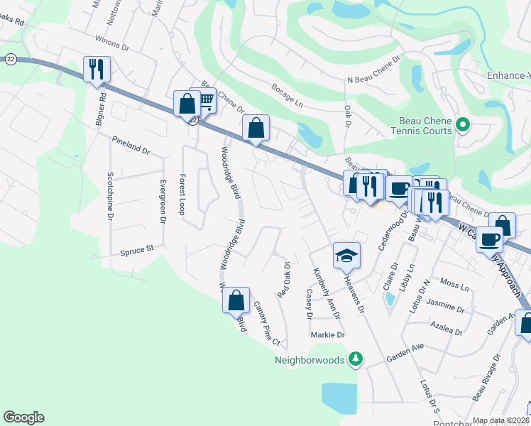 map of restaurants, bars, coffee shops, grocery stores, and more near 525 Ridgewood Loop in Mandeville