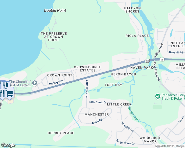 map of restaurants, bars, coffee shops, grocery stores, and more near 7941 Amethyst Drive in Pensacola