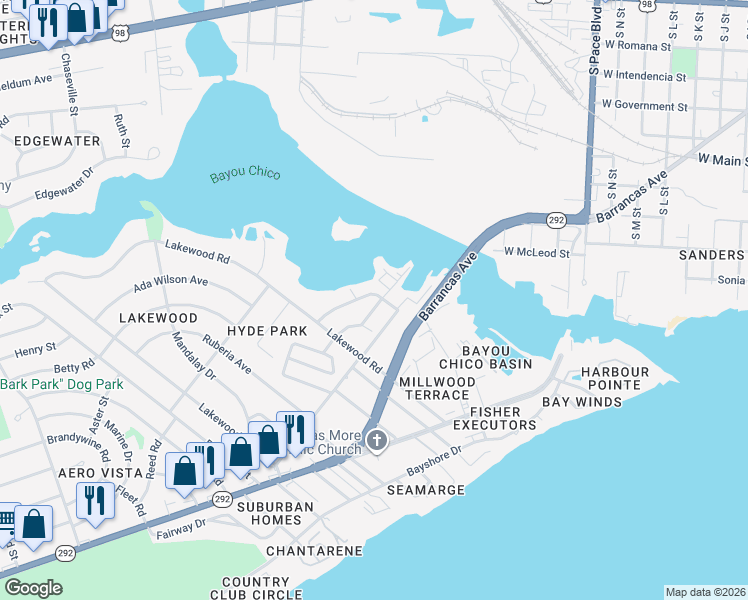 map of restaurants, bars, coffee shops, grocery stores, and more near 25 Audusson Avenue in Pensacola