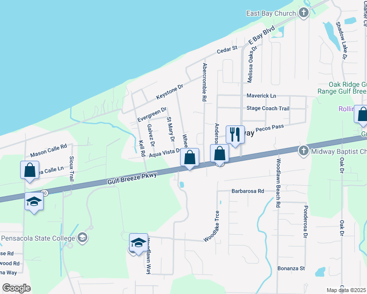 map of restaurants, bars, coffee shops, grocery stores, and more near 1777 Wheeler Road in Gulf Breeze