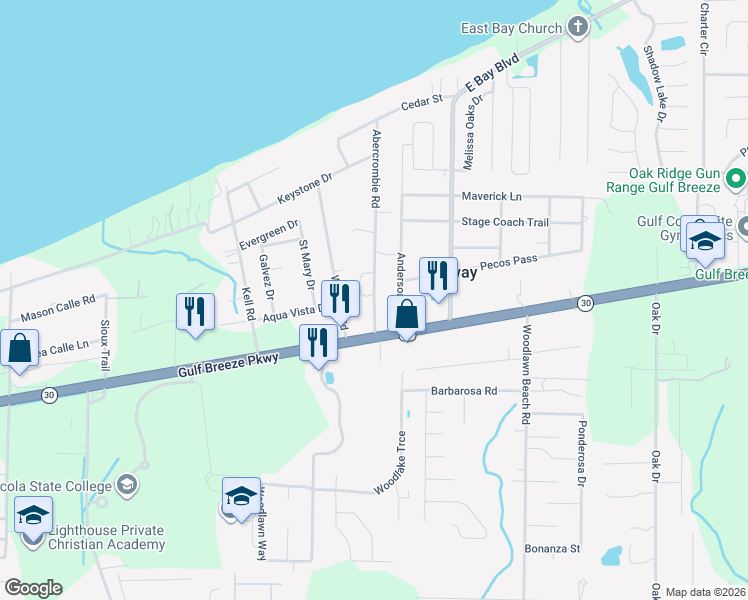 map of restaurants, bars, coffee shops, grocery stores, and more near 1744 Abercrombie Rd in Gulf Breeze