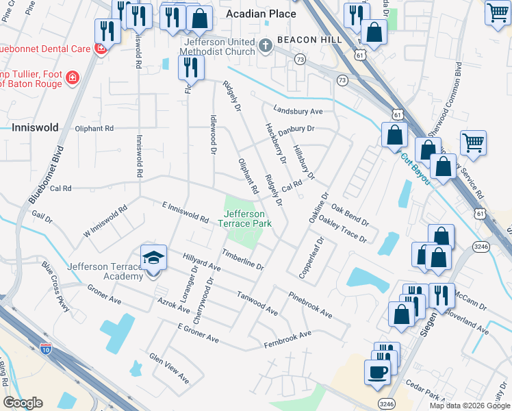 map of restaurants, bars, coffee shops, grocery stores, and more near 10320 Oliphant Road in Baton Rouge