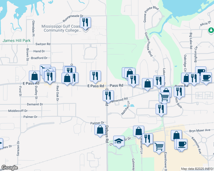 map of restaurants, bars, coffee shops, grocery stores, and more near Pass Road in Biloxi
