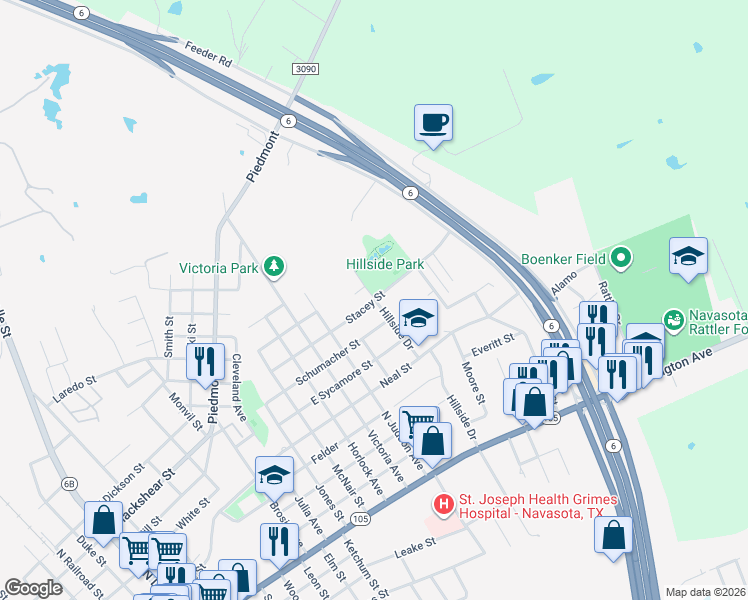 map of restaurants, bars, coffee shops, grocery stores, and more near 1455 Stacey St in Navasota