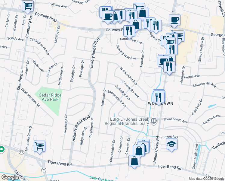 map of restaurants, bars, coffee shops, grocery stores, and more near 14113 Shenandoah Avenue in Baton Rouge
