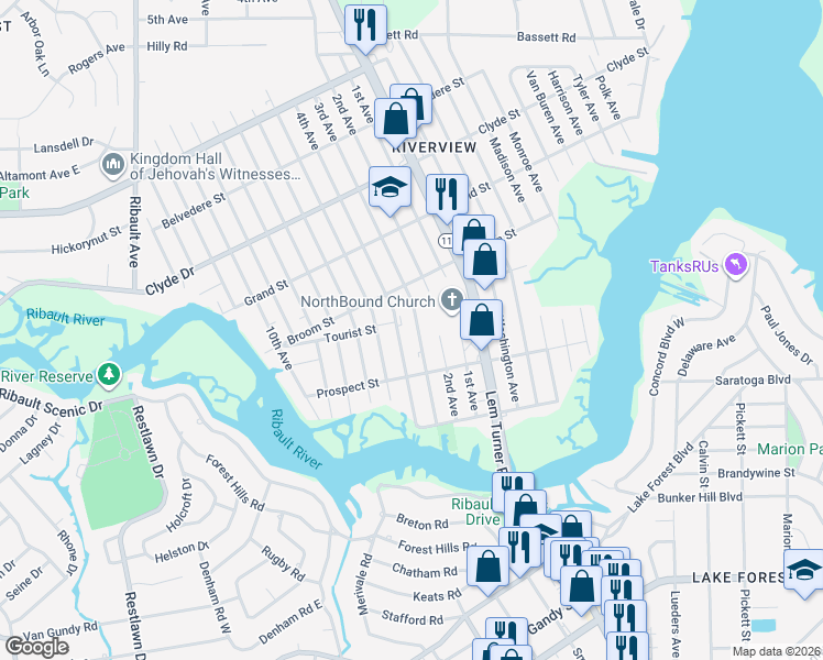 map of restaurants, bars, coffee shops, grocery stores, and more near 8755 4th Avenue in Jacksonville